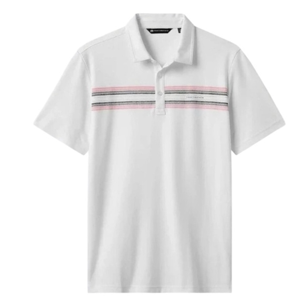 Travis Mathew Men's Beach Way Golf Polo in white with pink and gray stripes, L